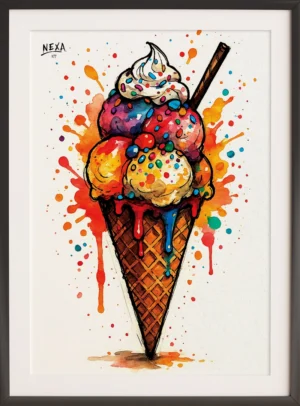 Colorful ice cream cone with watercolor splashes and ink sketch details, vertical A4 printable art