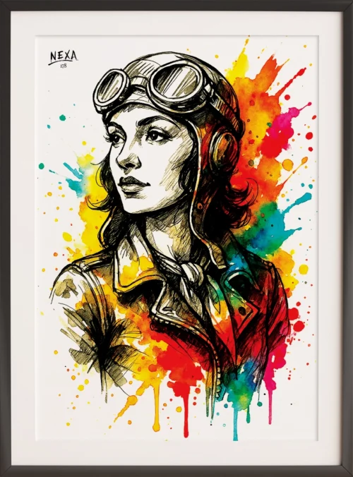 Portrait of a female aviator with vintage goggles and jacket, ink drawing with colorful watercolor splashes, printable A4 art
