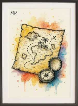 Ink drawing of a treasure map with a compass, colorful watercolor splashes, vertical A4 printable art