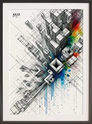 Abstract architectural city blueprint with ink lines and watercolor splashes, vertical A4 printable art