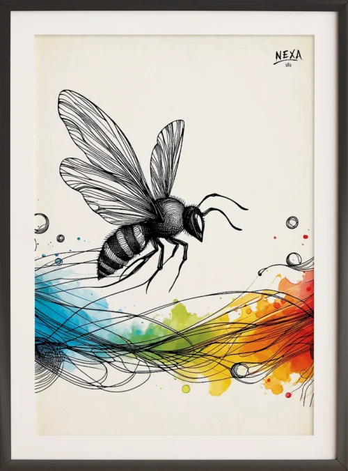 Detailed ink drawing of a bee with flowing colorful watercolor waves, vertical A4 printable art