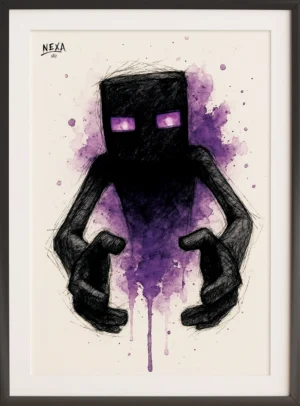 Dark shadow figure with purple glowing eyes and hands in watercolor splashes, vertical A4 printable art
