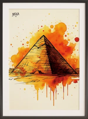 Ink drawing of a pyramid with orange watercolor splashes, vertical A4 printable art