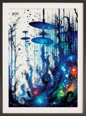Abstract glowing forest with blue ink and watercolor splashes, vertical A4 printable art