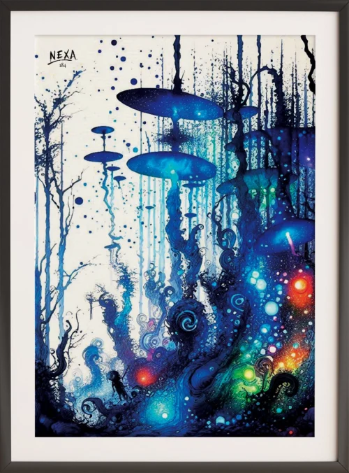 Abstract glowing forest with blue ink and watercolor splashes, vertical A4 printable art