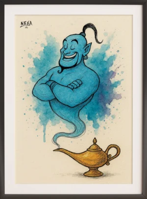 Abstract blue genie emerging from a golden lamp with watercolor splashes, vertical A4 printable art