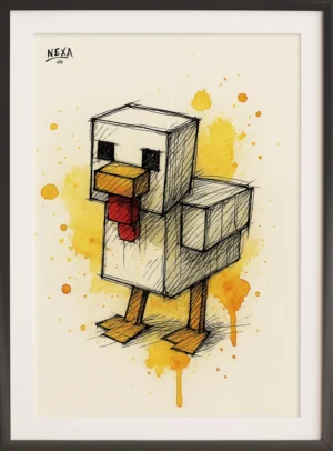 Abstract pixelated chicken with ink lines and yellow watercolor splashes, vertical A4 printable art
