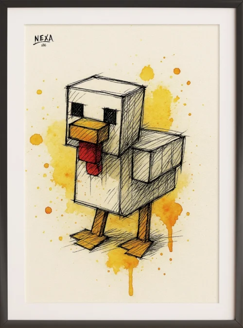 Artistic watercolor and ink illustration of the chicken from Minecraft – A4 printable