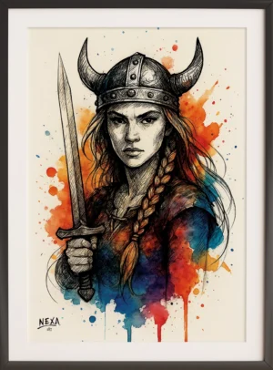 Abstract fierce female Viking warrior with sword and horned helmet, ink lines and colorful watercolor splashes, vertical A4 printable art