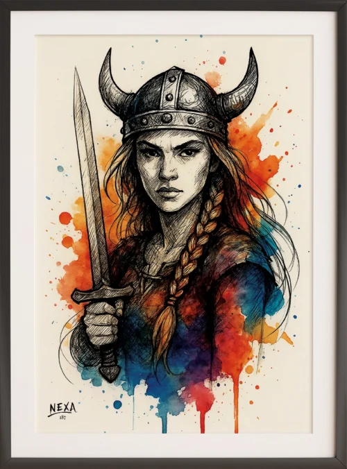 Abstract fierce female Viking warrior with sword and horned helmet, ink lines and colorful watercolor splashes, vertical A4 printable art