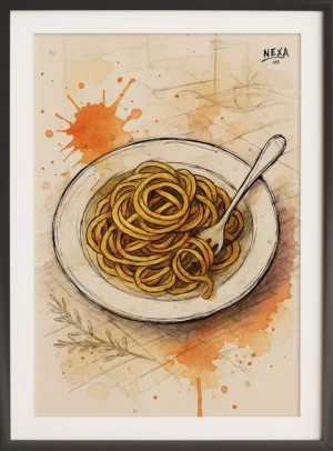 Plate of spaghetti with ink drawing and watercolor splashes, vertical A4 printable art