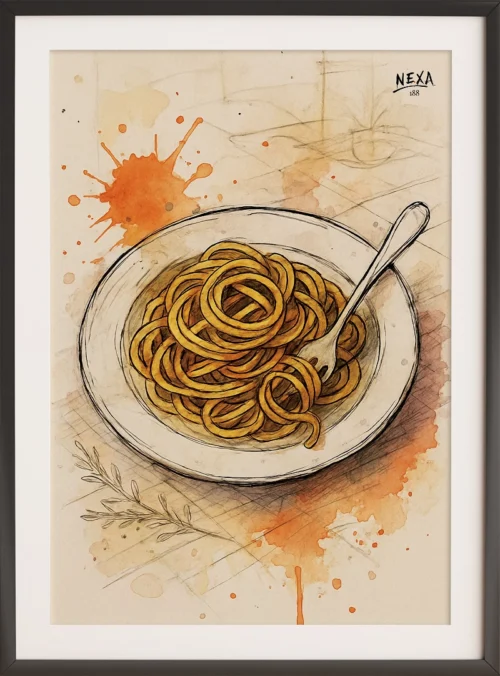 Plate of spaghetti with ink drawing and watercolor splashes, vertical A4 printable art