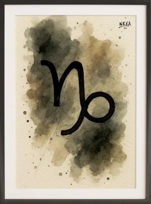 Capricorn zodiac symbol with ink brush strokes and watercolor background, vertical A4 printable art