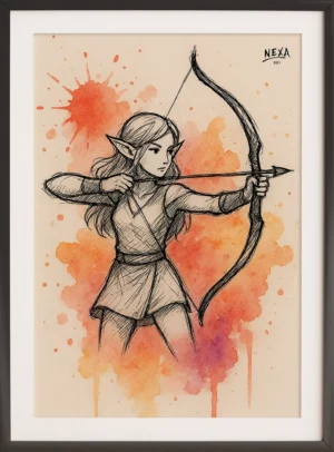 Sketch of an elf archer aiming with her bow, red-orange watercolor background – A4 printable