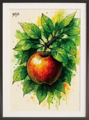 Realistic apple hanging on branch with leaves in watercolor and ink, vertical A4 printable art
