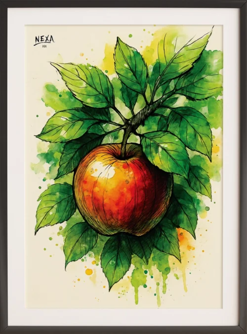 Realistic apple hanging on branch with leaves in watercolor and ink, vertical A4 printable art
