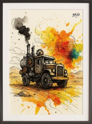 Steampunk style adventure truck with vibrant watercolor splashes – A4 printable poster
