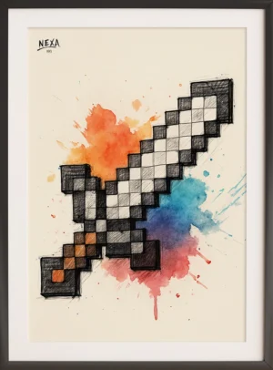 Retro pixel sword with bright watercolor splashes – A4 printable