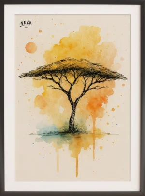 Elegant acacia tree silhouette with warm watercolor background – A4 printable