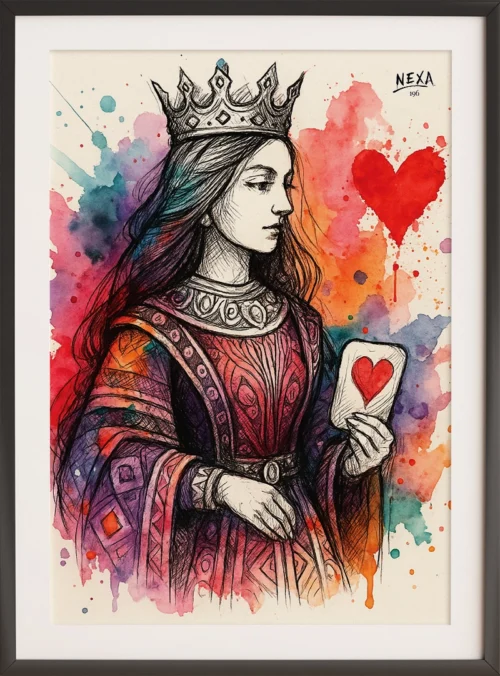 Detailed portrait of the Queen of Hearts playing card with vibrant watercolor background – A4 printable