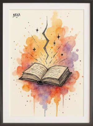 Open magic book with glowing light and colorful watercolor splashes – A4 printable