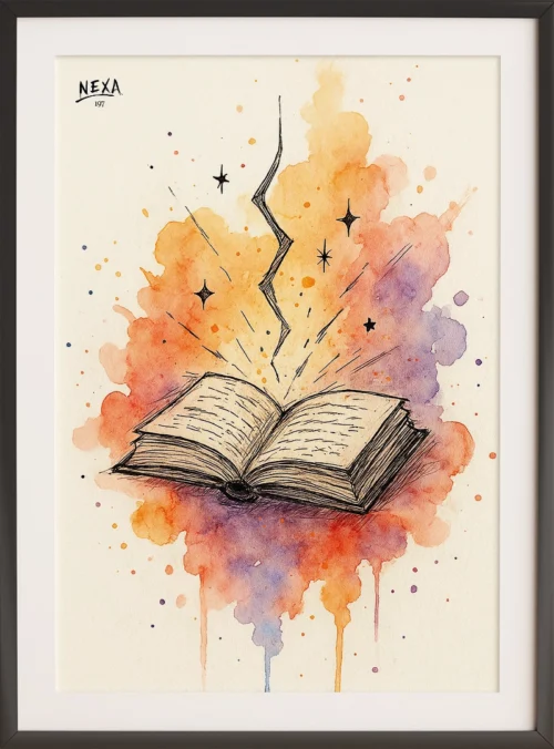 Open magic book with glowing light and colorful watercolor splashes – A4 printable