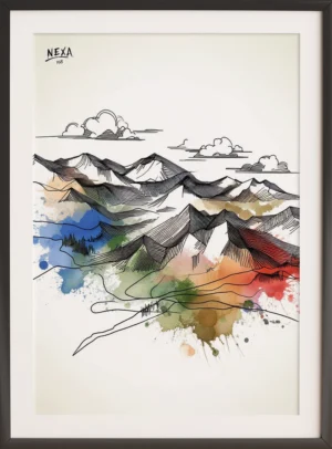 Mountain landscape with colorful watercolor splashes and delicate ink lines – A4 printable