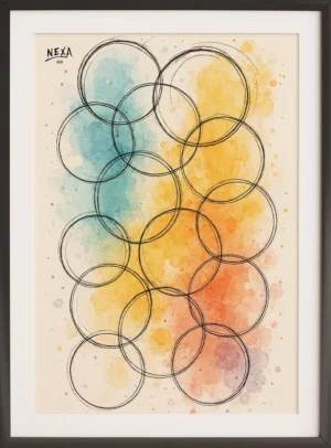 Overlapping hand-drawn circles with vibrant watercolor splashes in orange, blue, and yellow – A4 printable