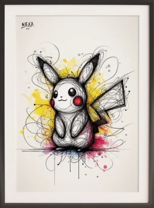 Cute electric mouse cartoon with vibrant watercolor splashes in yellow, red, and pink – A4 printable