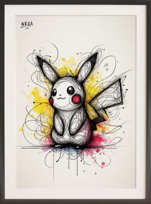 Cute electric mouse cartoon with vibrant watercolor splashes in yellow, red, and pink – A4 printable