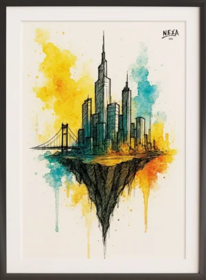 Colorful cityscape on a floating island with bright watercolor splashes – A4 printable
