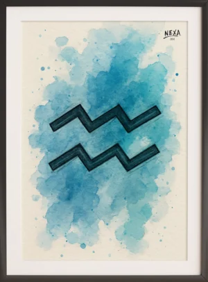 Colorful watercolor background with the Aquarius zodiac sign – A4 printable astrology illustration