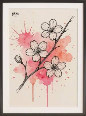 Elegant watercolor cherry blossoms with detailed ink lines – A4 printable floral art
