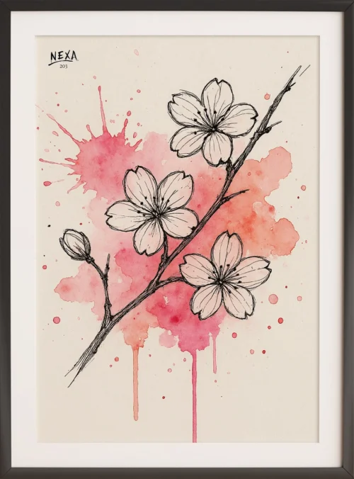 Elegant watercolor cherry blossoms with detailed ink lines – A4 printable floral art