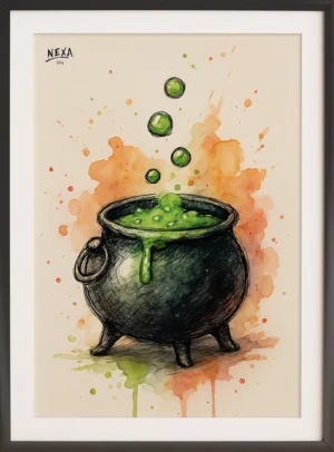 Black cauldron bubbling with green potion and orange watercolor splashes – A4 printable