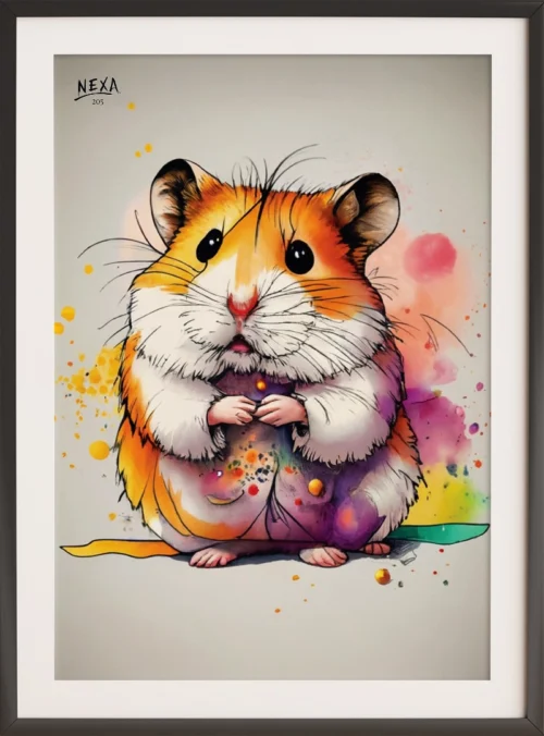 Vibrant and colorful portrait of a curious hamster with detailed fur and expressive eyes – A4 printable