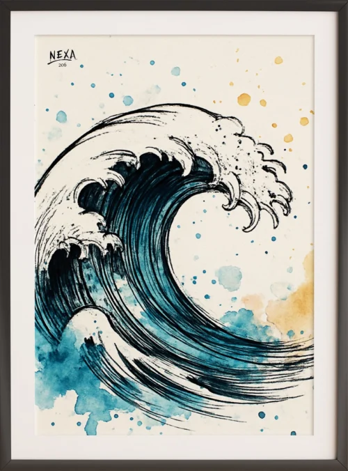 Dynamic and powerful ocean wave with splashes of blue watercolor – A4 printable