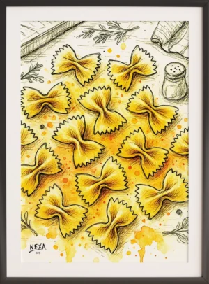 Artistic illustration of golden bowtie pasta with watercolor splashes – A4 printable