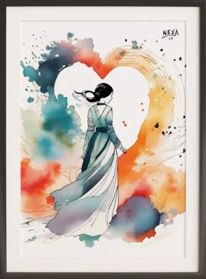 Artistic portrait of a woman holding a heart symbol with colorful watercolor splashes – A4 printable