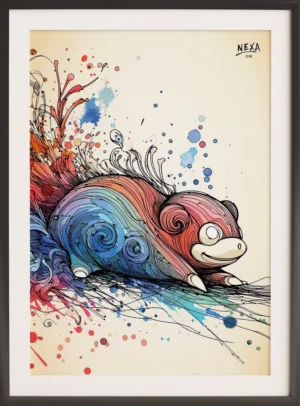 Artistic illustration of a dreamy water spirit creature with watercolor splashes – A4 printable