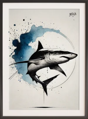 Dynamic shark sketch with dark ink textures and blue watercolor – A4 printable