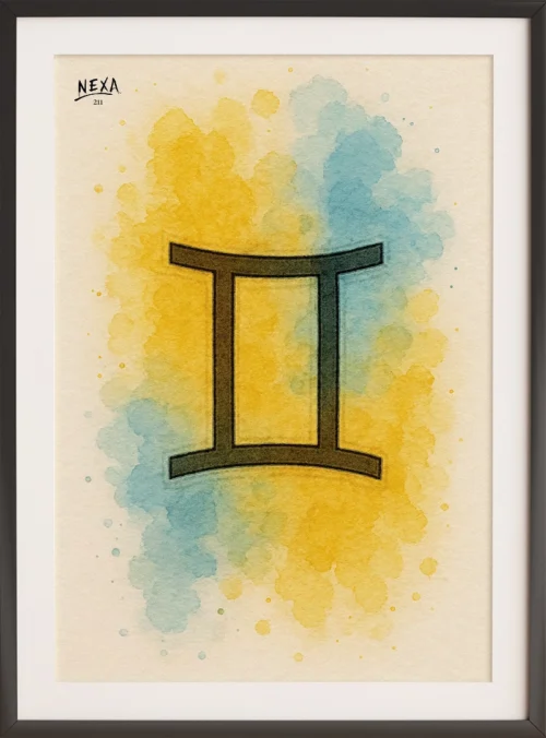 Gemini zodiac symbol on vibrant watercolor background – A4 printable