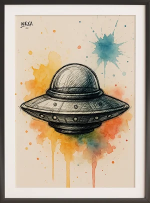 Flying saucer sketch with colorful space-inspired watercolor – A4 printable