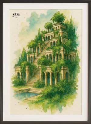 Lush watercolor sketch of the Hanging Gardens with greenery and arches – A4 printable