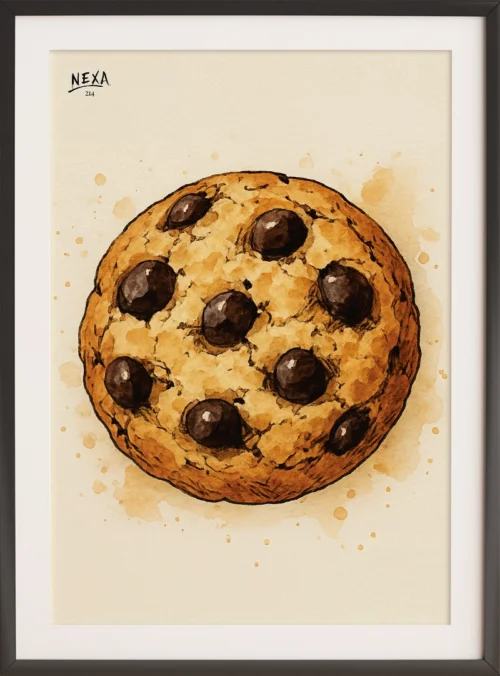 Watercolor chocolate chip cookie illustration with warm tones – A4 printable