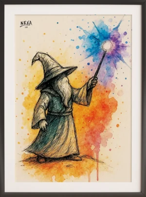 Old wizard with long beard and glowing wand, surrounded by magical watercolor bursts – A4 printable