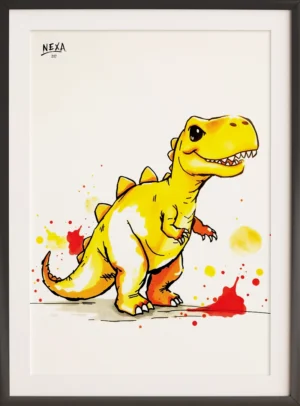 Cute yellow cartoon dinosaur with watercolor splashes – A4 printable