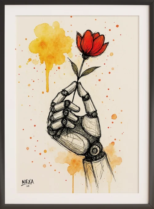 Robot hand gently holding a red flower, with yellow-orange watercolor background – A4 printable