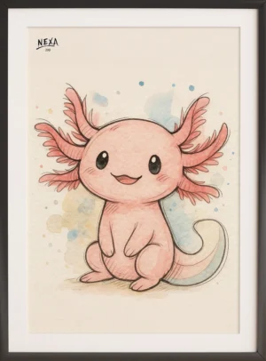 Adorable pink axolotl with watercolor background – A4 printable