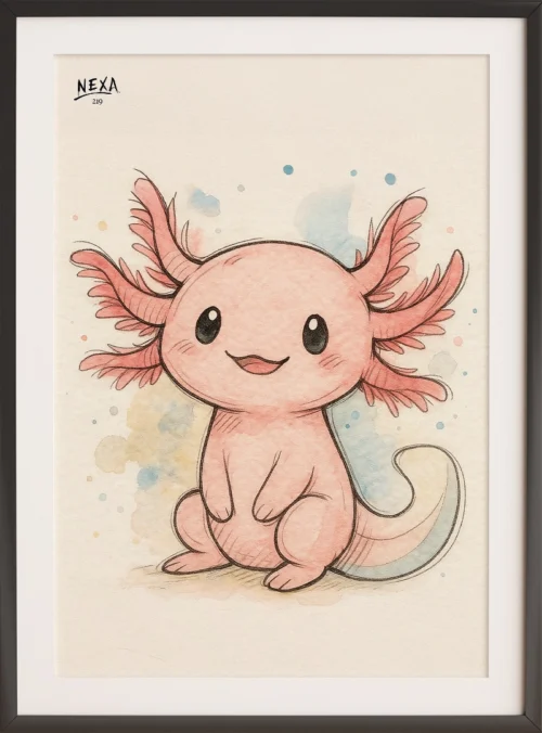 Adorable pink axolotl with watercolor background – A4 printable